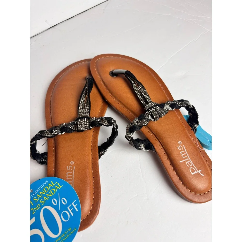 Palms Women Rhinestone T Strap Sandals Black Tan Memory Foam Flat 8 whimsy goth
